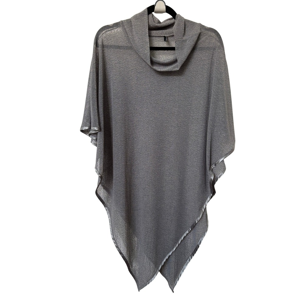 Y2K Besca Womens Grey Cowl Neck Poncho Lightweight Sheer Knit Asymmetrical Wrap